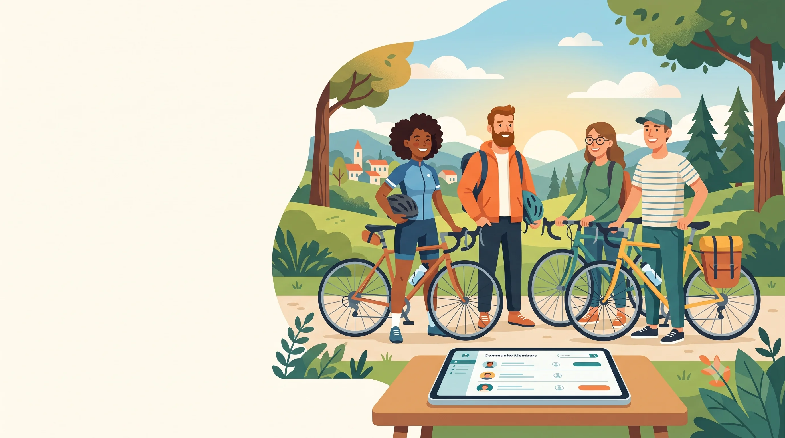 Illustration of club members chatting outdoors next to a tablet showing a member directory