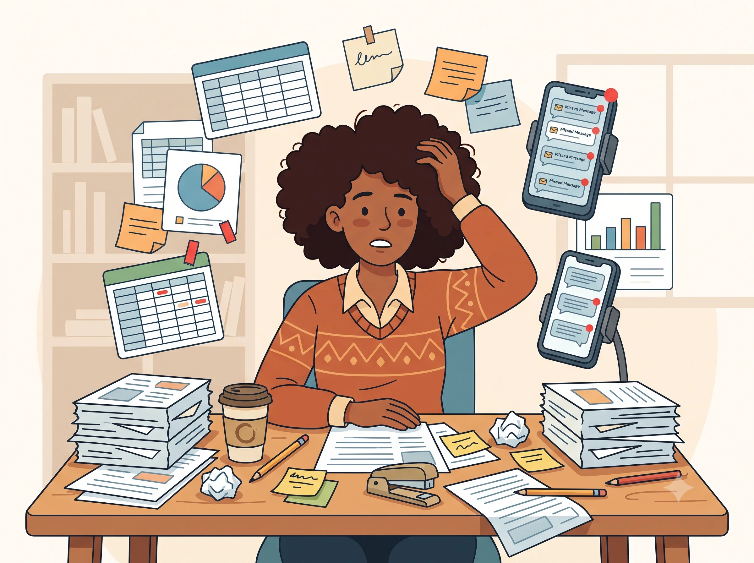 Illustration of a person at a cluttered desk surrounded by scattered spreadsheets, sticky notes, and missed-message notifications
