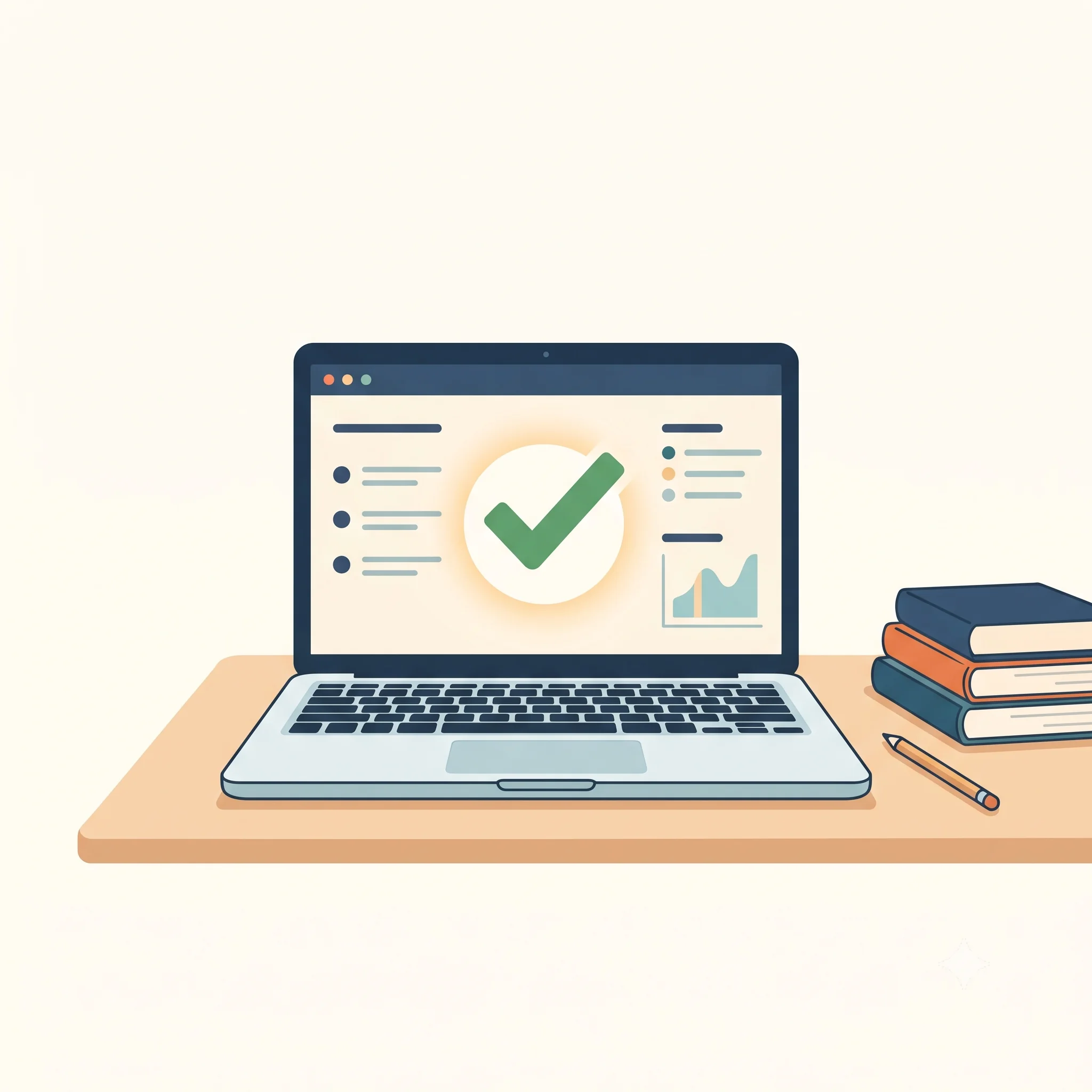 Illustration of a laptop showing a checklist with a large green checkmark